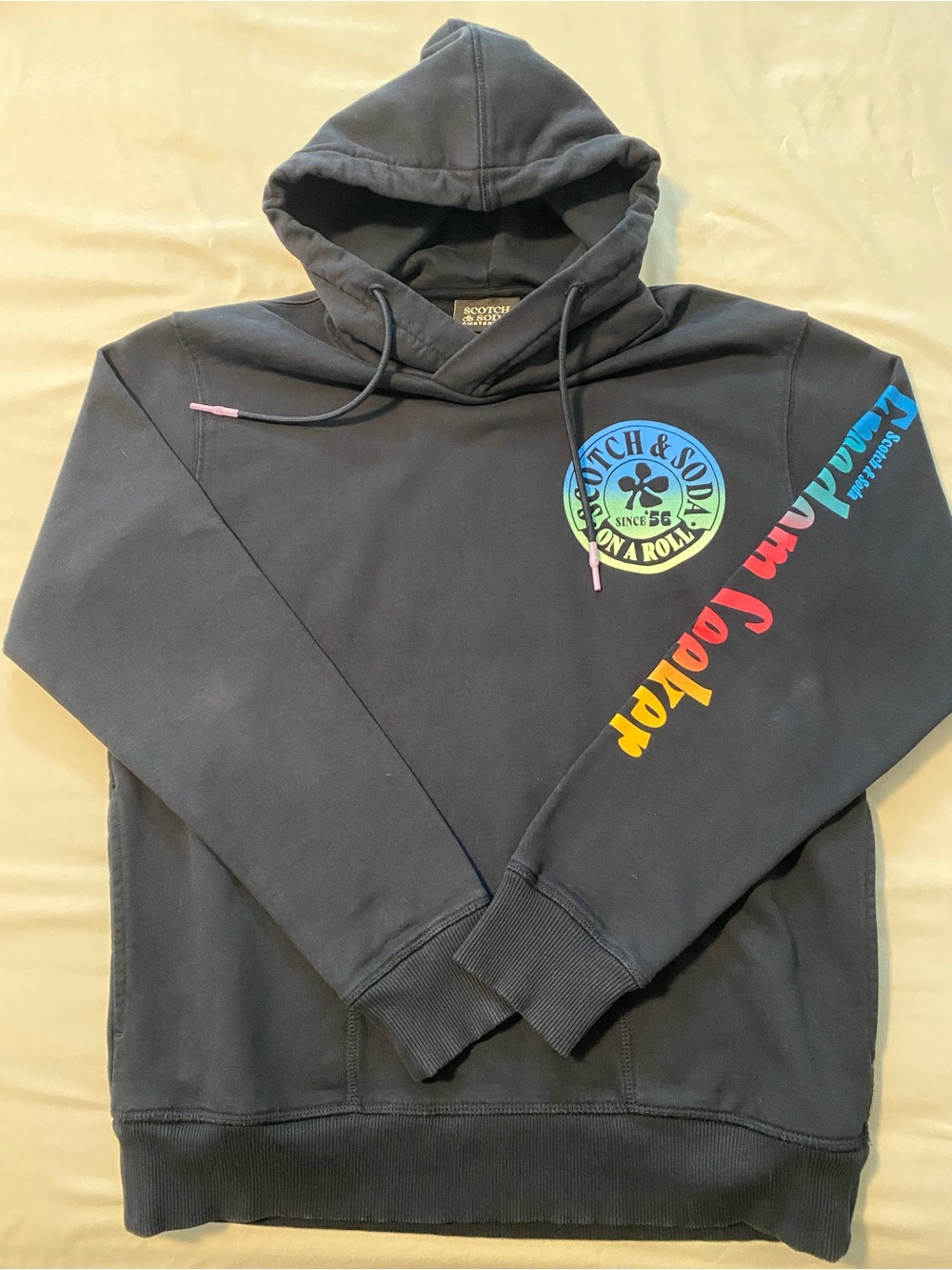 Scotch & Soda Black Crewneck Hoodie with Rainbow Logo and Sleeve Print